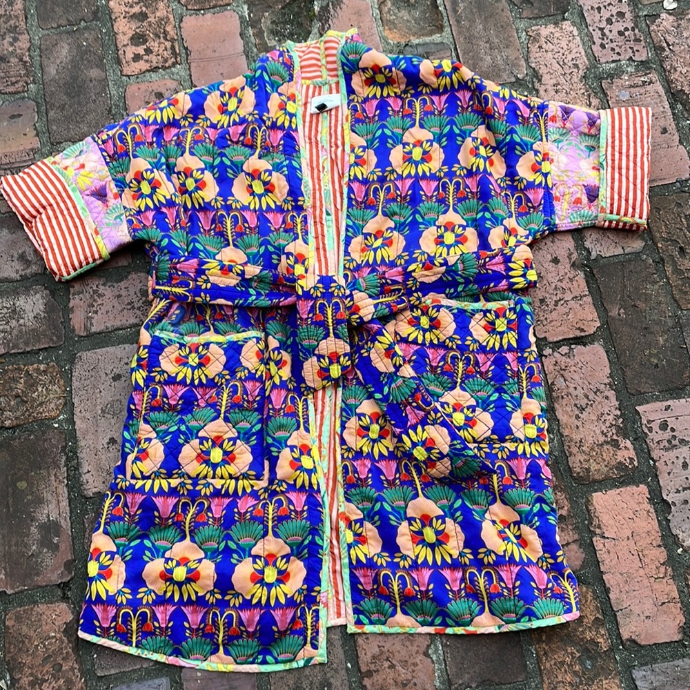 Mary O’Malley for Anthropologie Quilted Floral Stripe Reversible Robe Med/Large